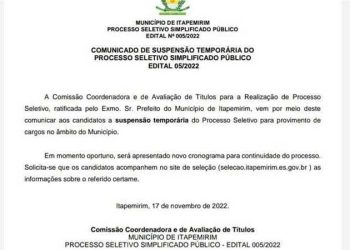 Itapemirim: Prefeitura suspende Processo Seletivo Simplificado