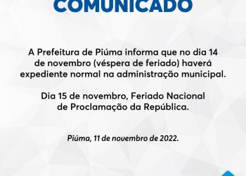 Piúma: Prefeitura emite comunicado sobre funcionamento na véspera do feriado
