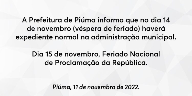 Piúma: Prefeitura emite comunicado sobre funcionamento na véspera do feriado