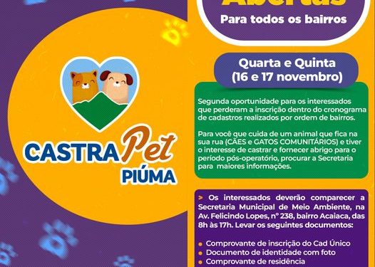 Piúma: Prefeitura abre nova oportunidade de castração de cães e gatos