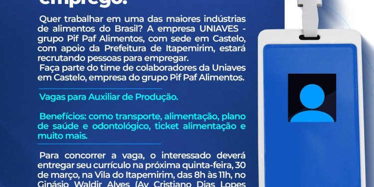 Itapemirim: Prefeitura divulga vagas de empresa em indústria