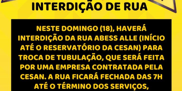 Rio Novo: Prefeitura alerta para interdição de rua para obras da Cesan