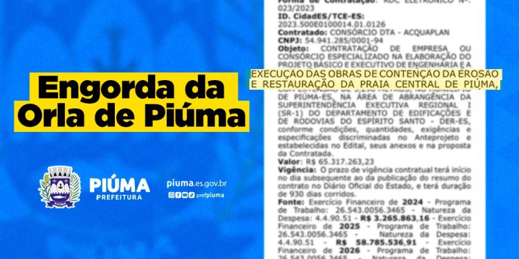 Piúma: Prefeitura assina contrato para a engorda da Praia Central