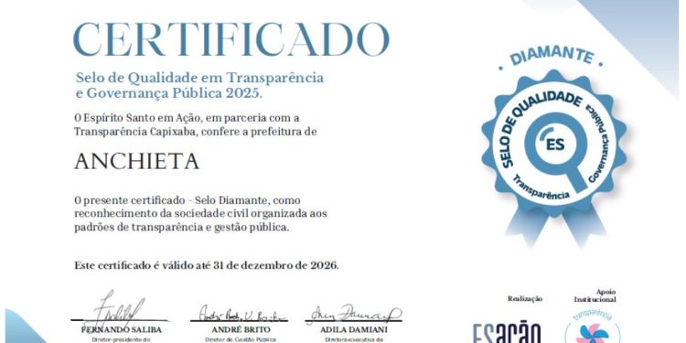 Anchieta: Município conquista o Selo Diamante em Transparência e Governança Pública 2025